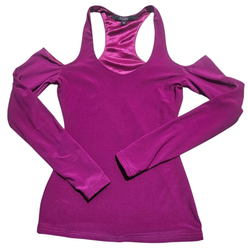 Guess Cold-Shoulder Cut-Out Long Sleeve Racerback Tank Top Magenta Size XXS